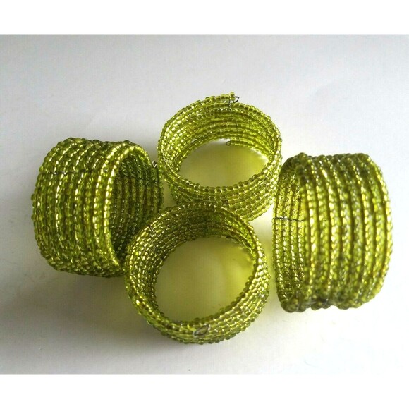 Vintage French Handmade Micro Beaded Napkin Rings set of 4  Lime Green Coiled - Picture 1 of 4